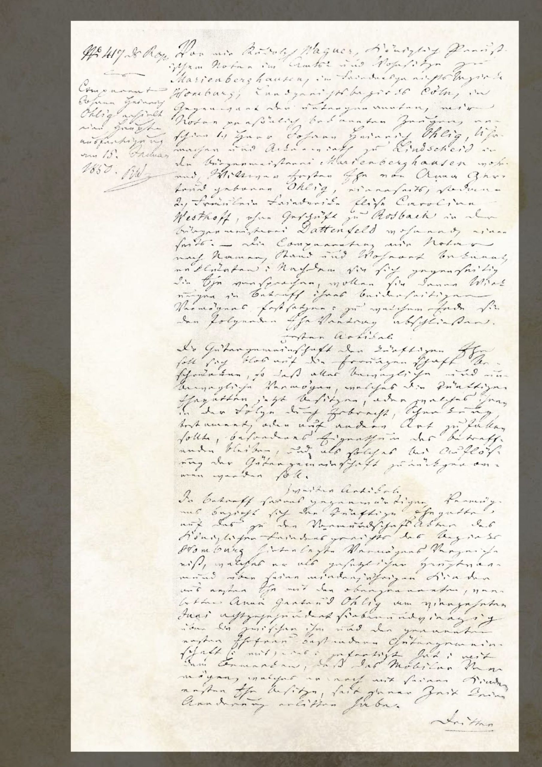 Ehevertrag zwischen J.H. Ohlig und Caroline Westhoff vom 10. Juli 1849, LVR-Freilichtmuseum Lindlar (Ausschnitt)